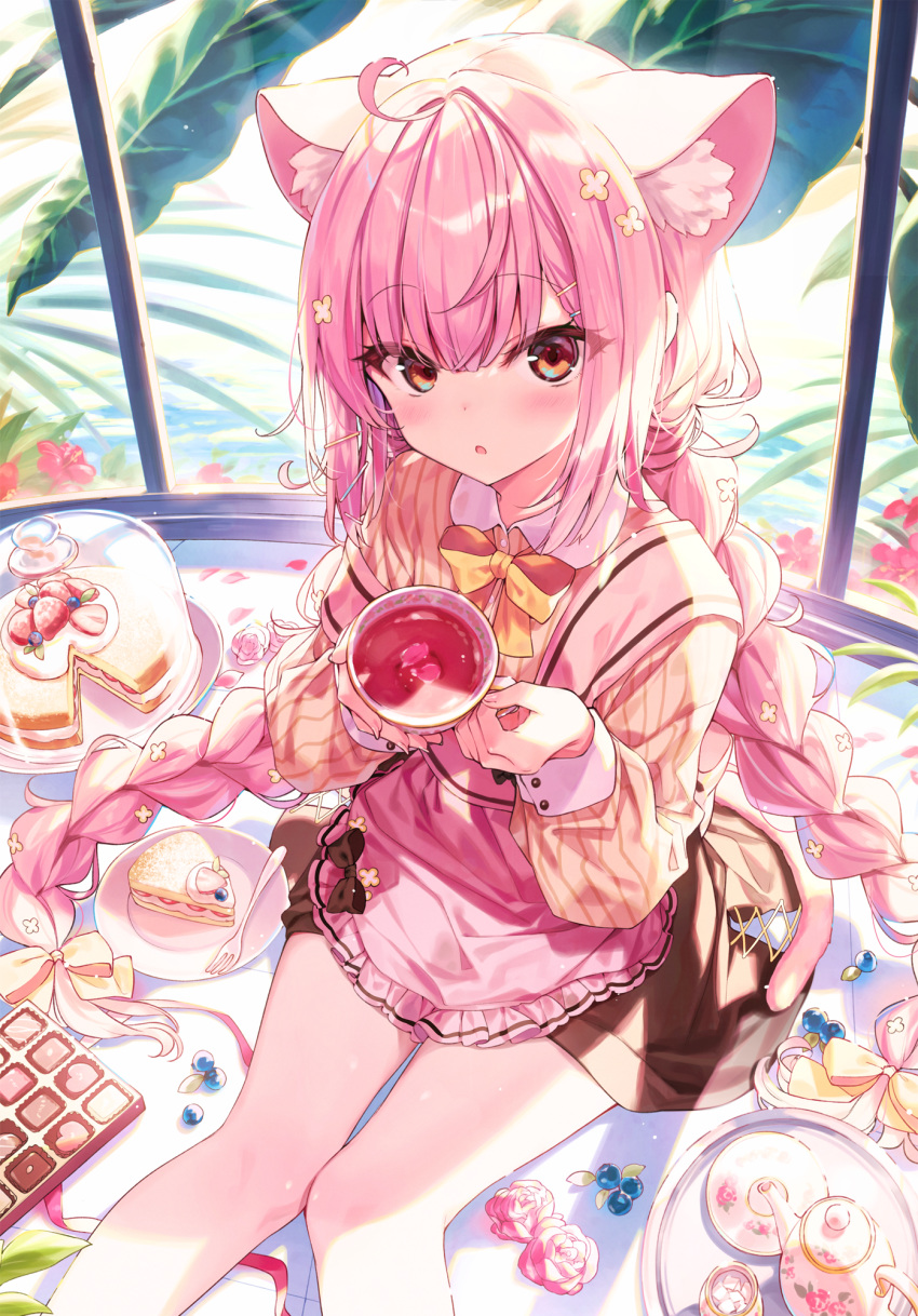 1girl ahoge animal_ear_fluff animal_ears apron bangs blue_berry blush braid brown_eyes brown_skirt cake cat_ears cat_girl cat_tail chocolate commentary cup eyebrows_visible_through_hair flower food fork fruit hair_between_eyes hair_flower hair_ornament hairclip highres holding holding_cup looking_at_viewer open_mouth original pink_apron pink_hair plate shinoba shirt sidelocks sitting skirt solo strawberry tail teacup teapot twin_braids window yellow_shirt