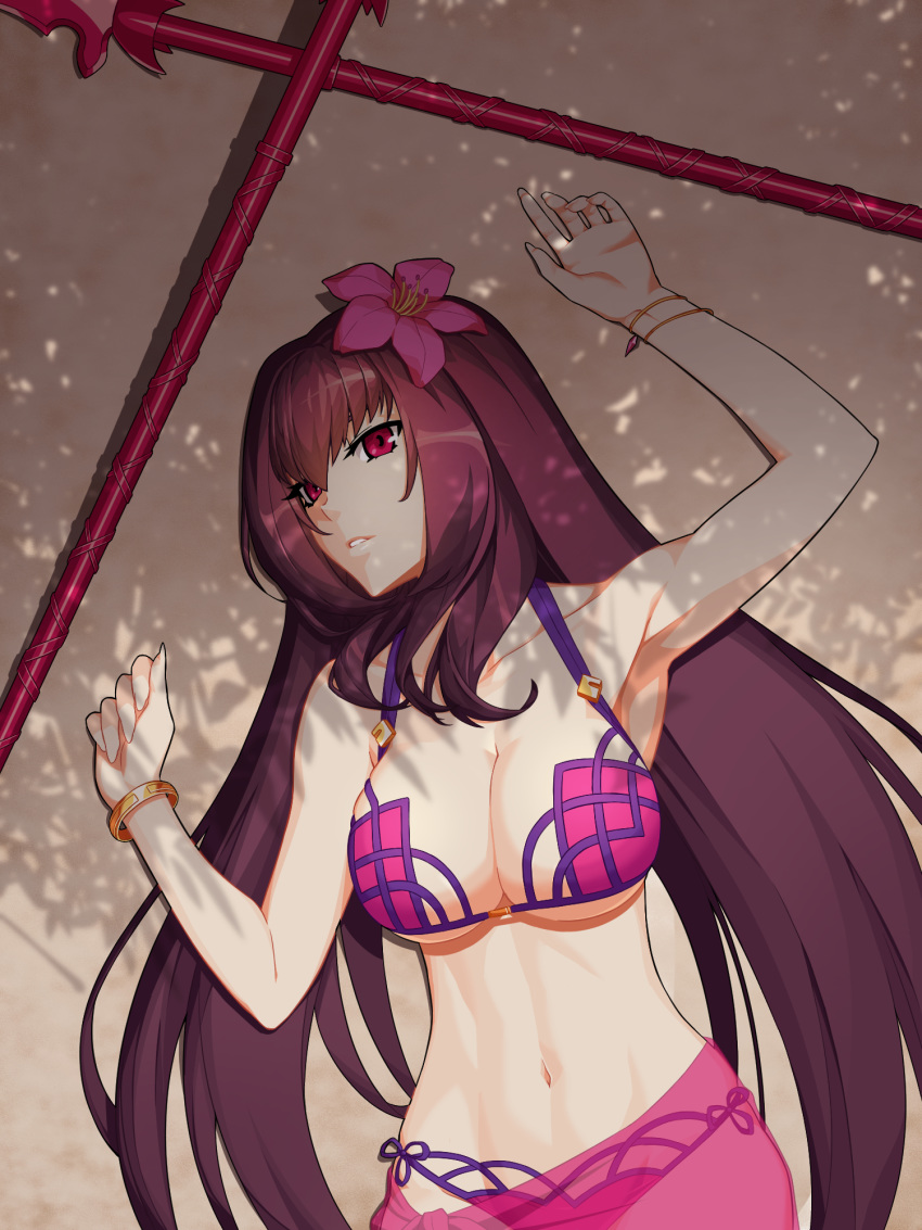 1girl bikini bracelet breasts collarbone fate/grand_order fate_(series) flower gae_bolg hair_flower hair_intakes hair_ornament hibiscus highres jewelry large_breasts long_hair lying matoi92 navel on_back polearm purple_bikini purple_hair purple_sarong red_eyes sand sarong scathach_(fate)_(all) scathach_(swimsuit_assassin)_(fate) solo spear swimsuit weapon