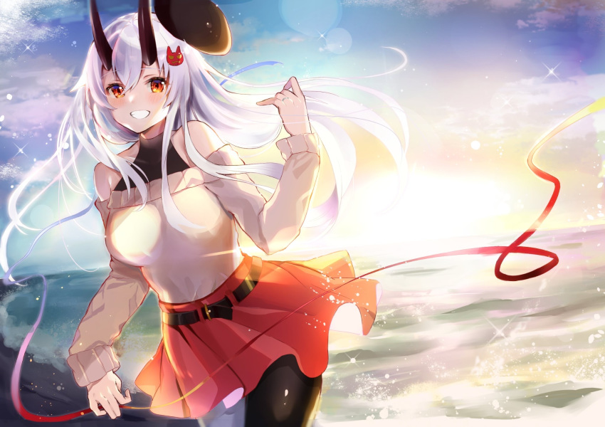 1girl bare_shoulders belt beret black_belt black_headwear black_legwear black_undershirt blush breasts clouds commentary_request fate/grand_order fate_(series) felnemo grin hair_between_eyes hair_ornament hat highres horns jewelry large_breasts long_hair ocean oni_horns pantyhose red_eyes red_ribbon red_skirt ribbon ring silver_hair skirt smile solo sparkle sunset sweater tomoe_gozen_(fate/grand_order) wedding_band white_sweater