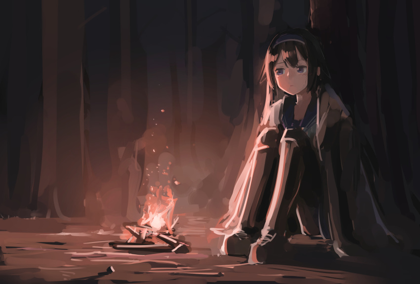 1girl black_hair black_legwear blush campfire closed_mouth expressionless fire forest full_body girls_frontline grey_jacket hairband highres jacket knee_pads light long_hair nature night outdoors pantyhose rampart1028 school_uniform solo super_sass_(girls_frontline) violet_eyes