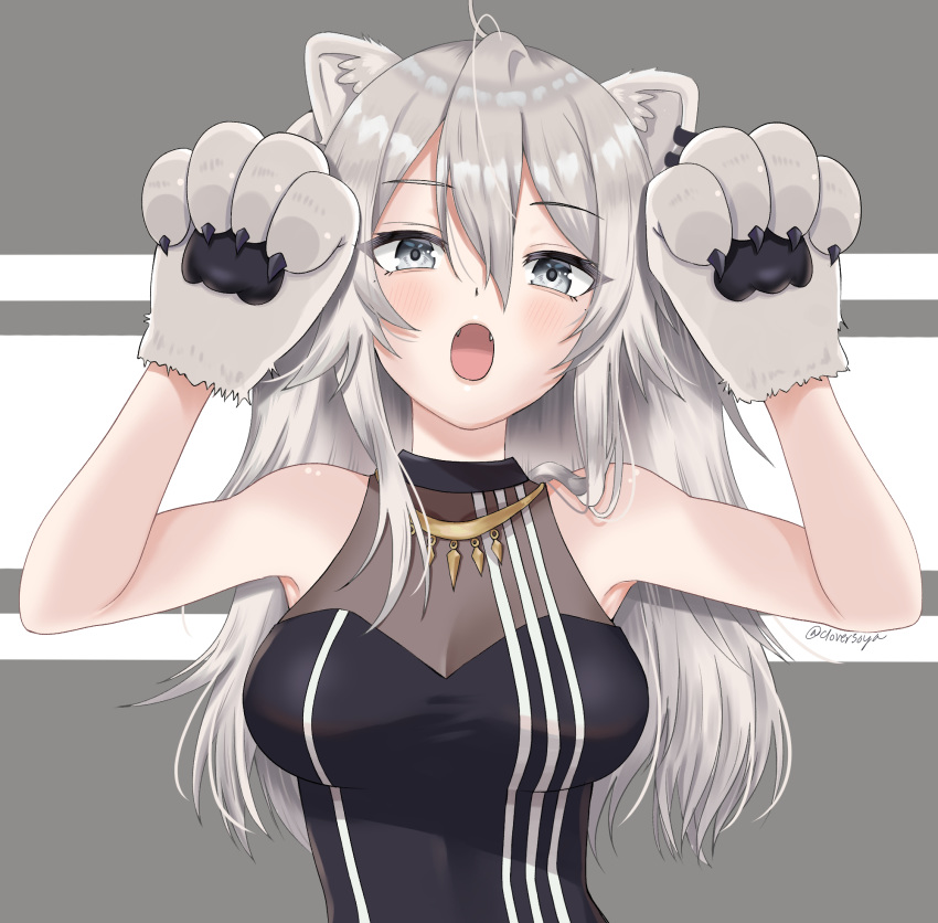1girl ahoge animal_ears bare_shoulders blush breasts clover_mako earrings eyebrows_visible_through_hair fangs gloves grey_eyes grey_hair hair_between_eyes hands_up highres hololive jewelry large_breasts lion_ears lion_girl long_hair looking_at_viewer necklace open_mouth paw_gloves paws shirt shishiro_botan sleeveless sleeveless_shirt solo virtual_youtuber