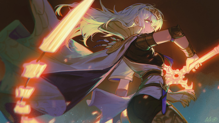 1girl alzi_xiaomi black_shorts byleth_(fire_emblem) byleth_eisner_(female) cape dagger fire_emblem fire_emblem:_three_houses from_side green_eyes green_hair highres holding holding_sword holding_weapon looking_to_the_side pantyhose parted_lips sheath sheathed shorts solo sword sword_of_the_creator weapon