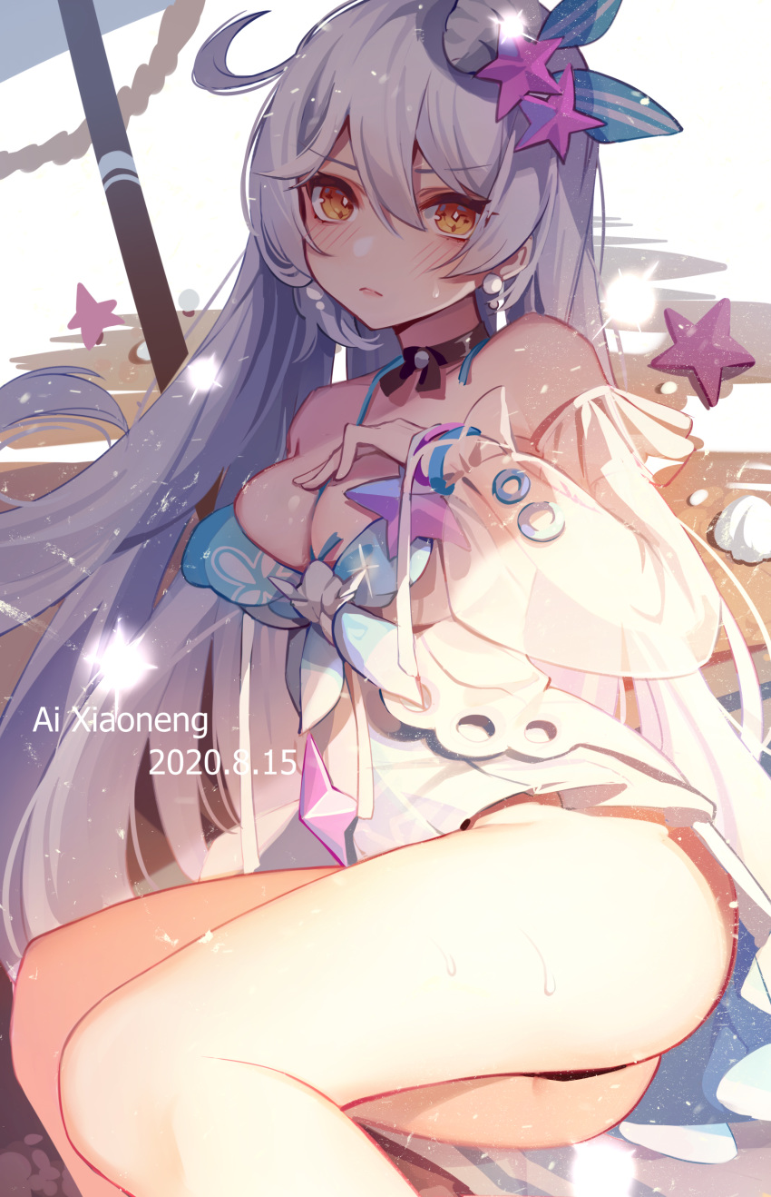 1girl absurdres ahoge ai_xiao_meng artist_name bare_shoulders beach beach_umbrella blush breasts choker dated diamond-shaped_pupils diamond_(shape) dress earrings hand_on_own_chest highres honkai_(series) honkai_impact_3rd jewelry kiana_kaslana kiana_kaslana_(herrscher_of_the_void) long_hair looking_at_viewer medium_breasts sand silver_hair solo starfish_hair_ornament symbol-shaped_pupils thighs umbrella very_long_hair watermark wet yellow_eyes