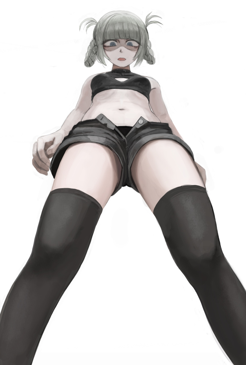 1girl absurdres arms_at_sides black_legwear black_panties blue_eyes braid breasts diva_(hyxpk) feet_out_of_frame from_below grey_hair grey_shorts highres looking_at_viewer nanakusa_nazuna_(yofukashi_no_uta) open_clothes open_shorts panties parted_lips shaded_face shorts simple_background small_breasts solo standing thigh-highs twin_braids underwear white_background yofukashi_no_uta