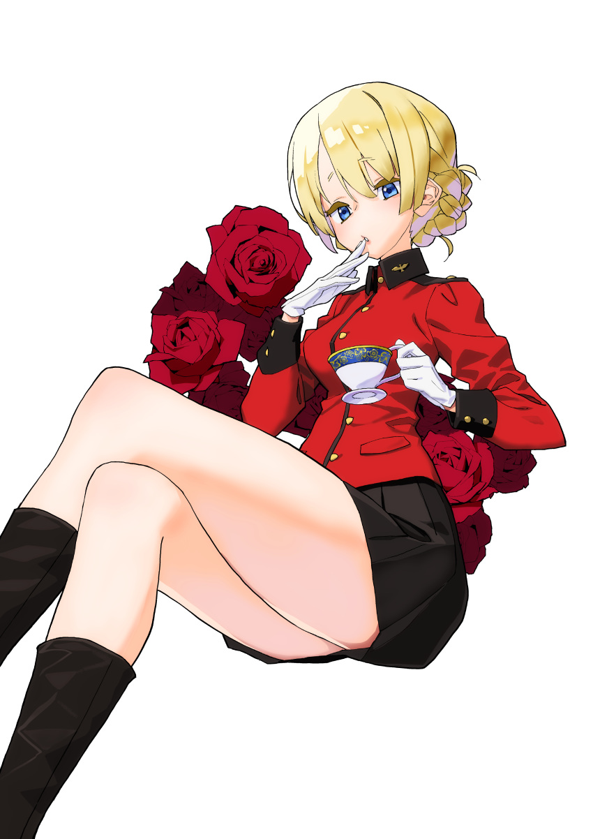 1girl absurdres bangs black_footwear black_skirt blonde_hair blue_eyes boots braid crossed_legs cup darjeeling_(girls_und_panzer) epaulettes flower full_body girls_und_panzer half-closed_eyes hand_to_own_mouth highres holding holding_cup insignia invisible_chair jacket long_sleeves looking_at_viewer military military_uniform miniskirt oomabu_shichirou parted_lips pleated_skirt red_flower red_jacket red_rose rose short_hair simple_background sitting skirt solo st._gloriana's_military_uniform teacup tied_hair uniform white_background