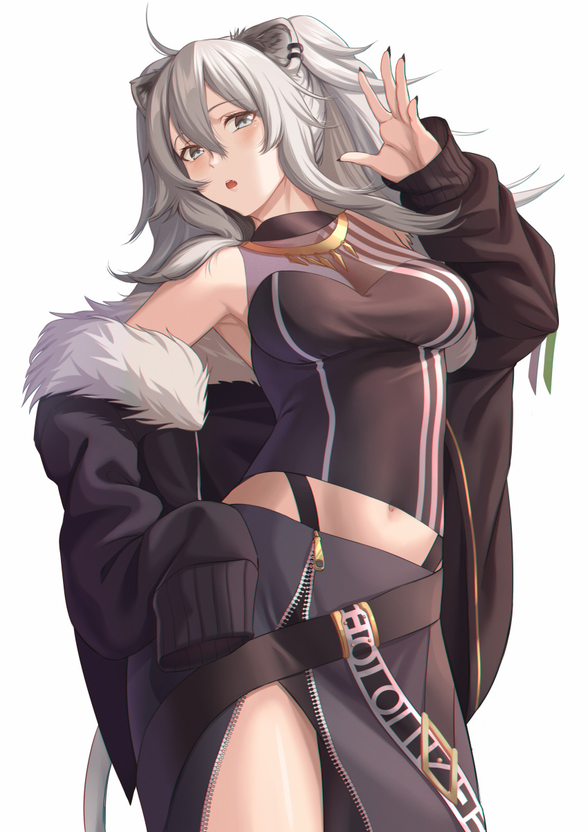 1girl absurdres ahoge animal_ears bare_shoulders belt black_nails blush breasts earrings eyebrows_visible_through_hair fang fur-trimmed_jacket fur_trim grey_eyes grey_hair hair_between_eyes hand_up highres hololive huge_filesize jacket jewelry large_breasts lion_ears lion_girl long_hair looking_at_viewer midriff necklace off_shoulder open_mouth raemn_(raemn2d) shirt shishiro_botan skirt solo thighs unzipped virtual_youtuber