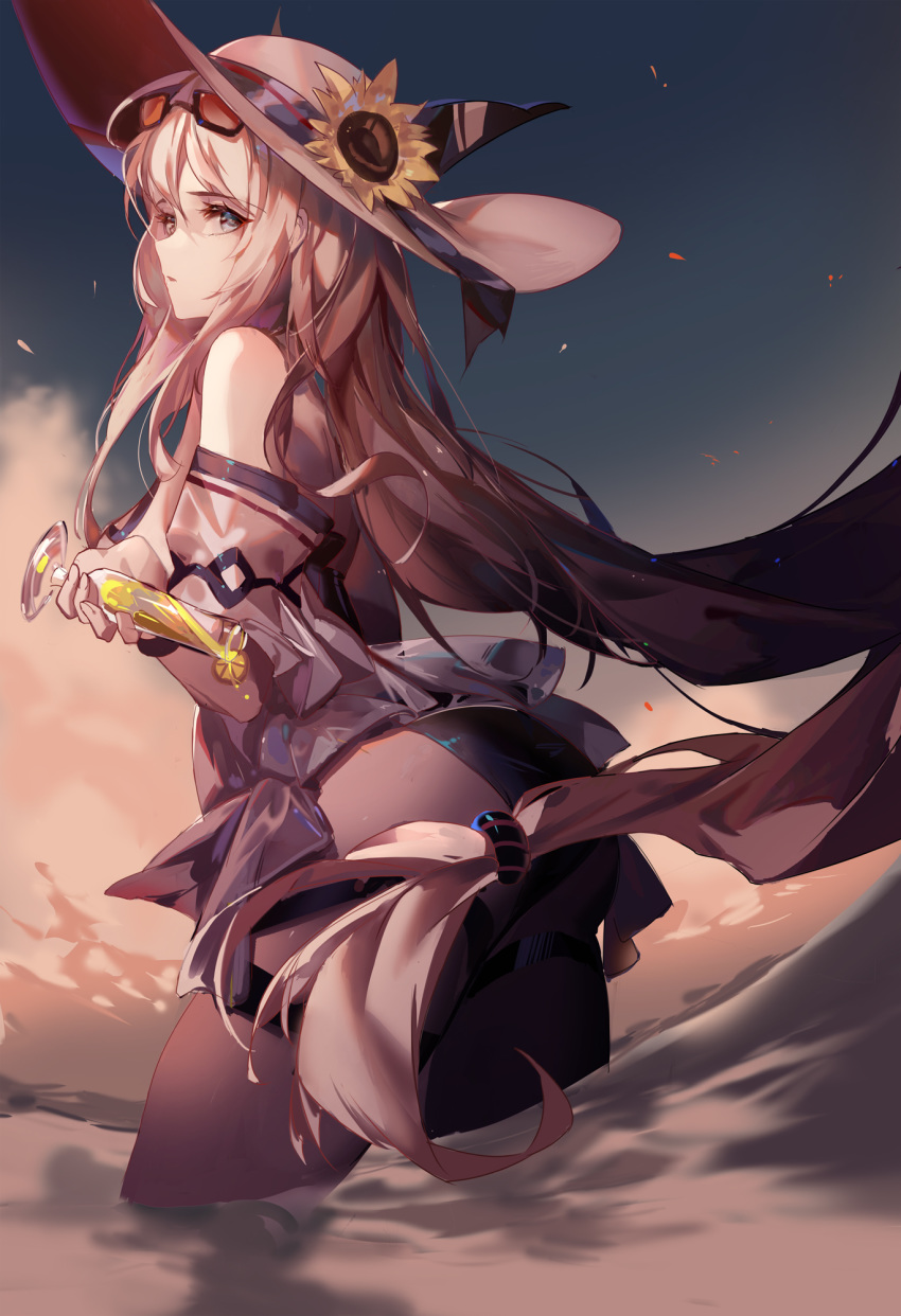 1girl arknights bangs bare_shoulders commentary_request cowboy_shot cup drinking_glass eyewear_on_head grey_eyes highres holding holding_cup long_hair looking_at_viewer partial_commentary rabbit_(tukenitian) silver_hair skadi_(arknights) solo standing sunglasses thighs very_long_hair white_headwear