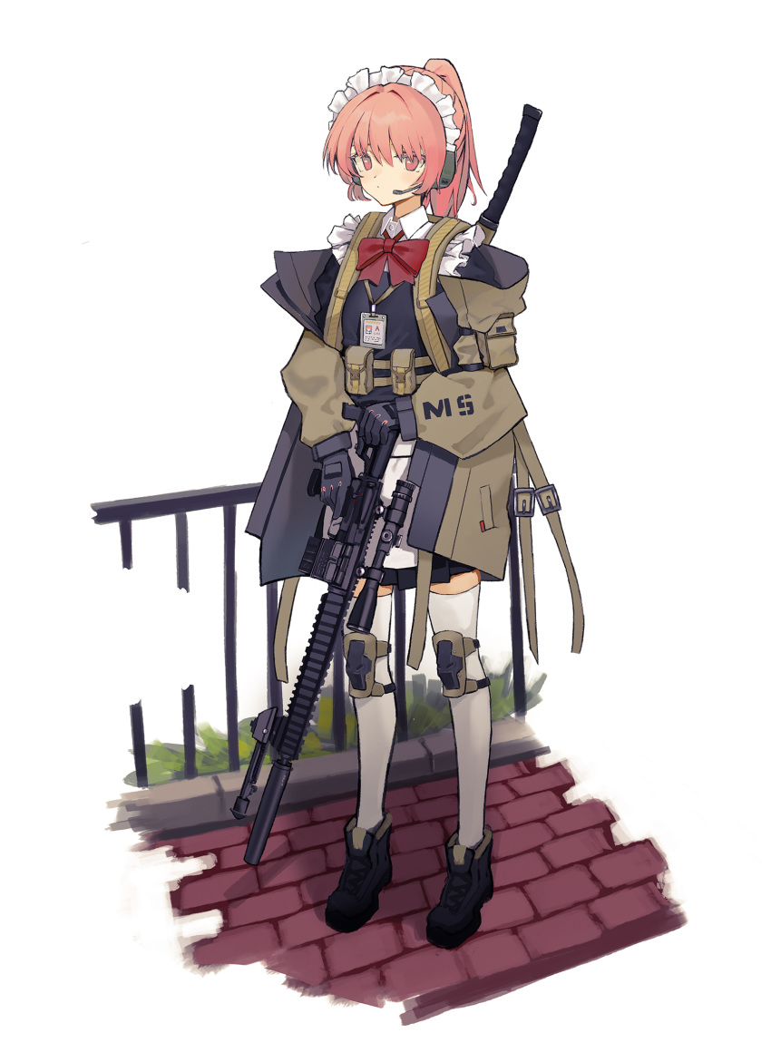 1girl black_footwear black_gloves bow brick brick_floor fence frills gloves gun highres holding holding_gun holding_weapon id_card maid maid_headdress medium_hair microphone nitrio original pink_eyes pink_hair plant ponytail pouch red_bow red_neckwear rifle sleeves_past_wrists solo standing sword thigh-highs weapon weapon_on_back white_background white_legwear