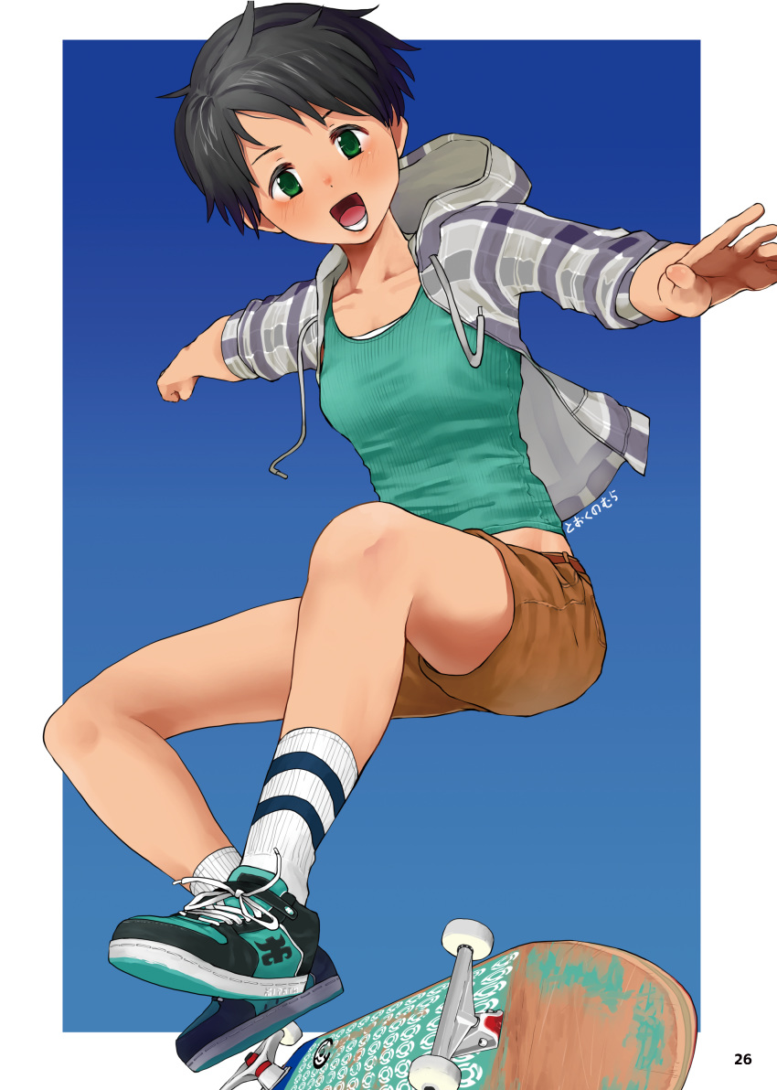 1girl absurdres alternate_costume black_hair blush breasts brown_shorts green_eyes green_tank_top highres hood hood_down hoodie jacket kantai_collection mogami_(kantai_collection) open_mouth outstretched_arms page_number shoes short_hair shorts signature simple_background skateboard small_breasts sneakers socks solo tank_top tomboy tooku_nomura_(artist) two-tone_background white_footwear