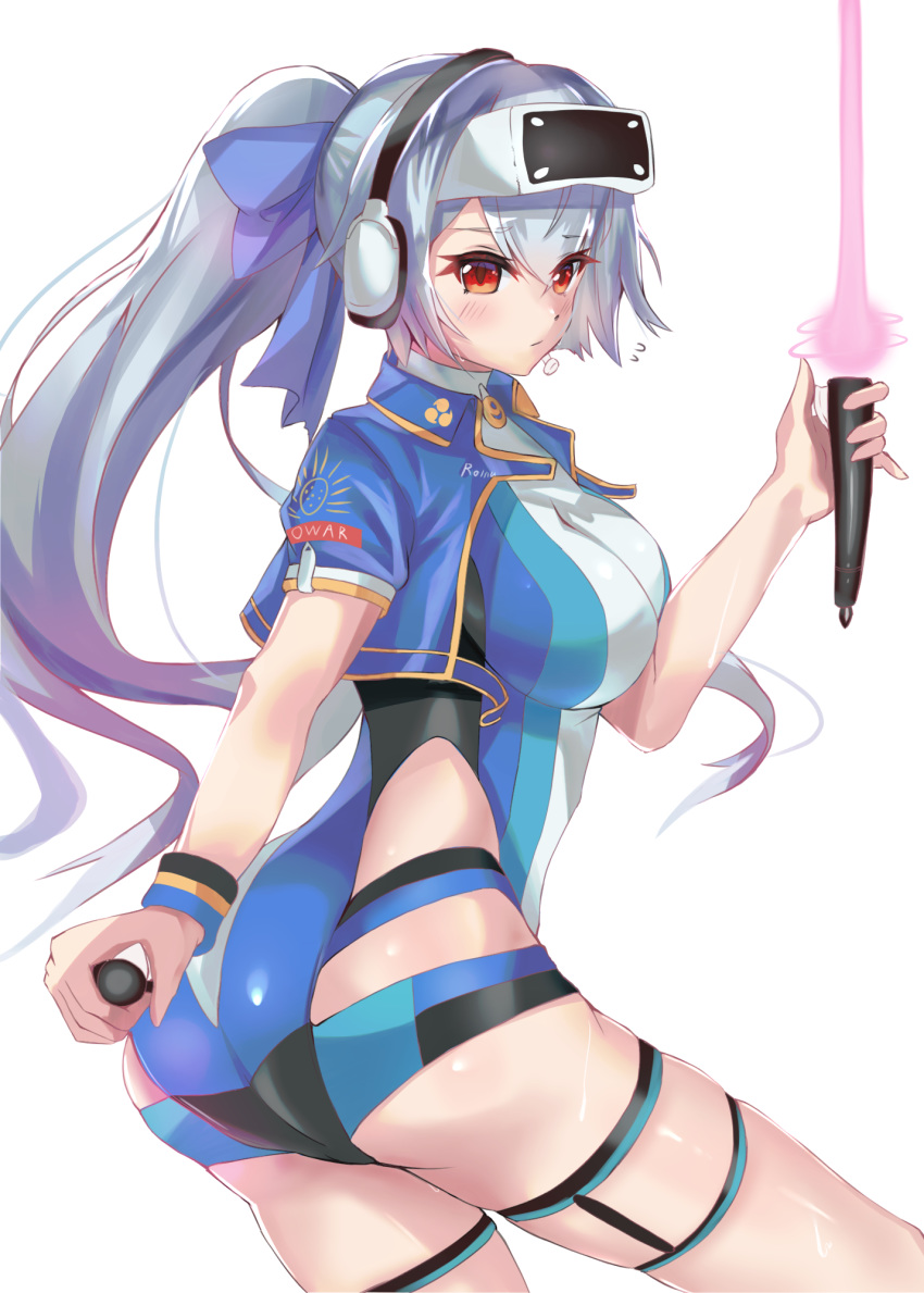 1girl ass blue_bow blue_jacket blue_swimsuit blush bow breasts energy_sword eyewear_on_head fate/grand_order fate_(series) hair_bow headphones headset highres holding holding_sword holding_weapon jacket large_breasts long_hair looking_at_viewer microphone multicolored multicolored_clothes multicolored_swimsuit ponytail red_eyes silver_hair solo swimsuit sword thigh_strap tomoe_gozen_(fate/grand_order) very_long_hair weapon white_background white_swimsuit wristband yahan_(mctr5253)