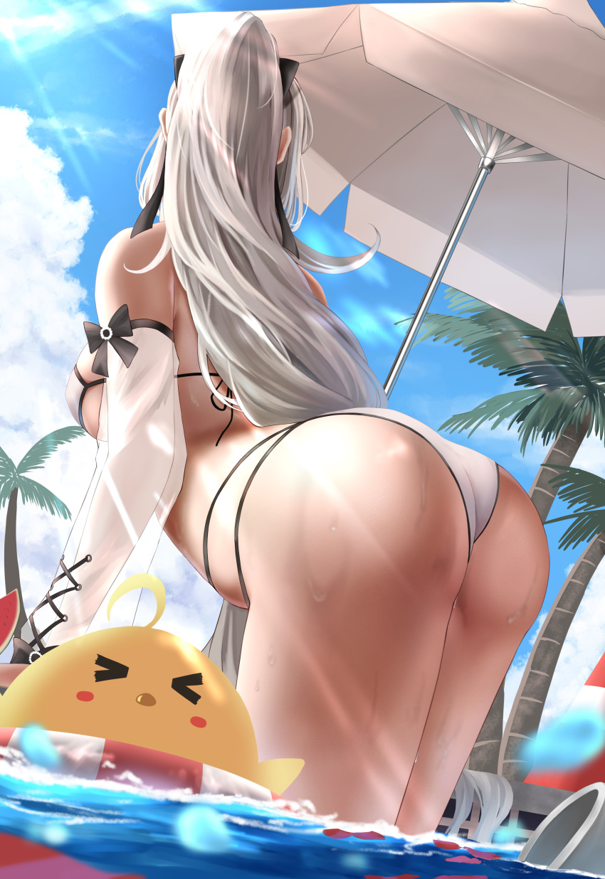 &gt;_&lt; 1girl absurdres arched_back ass azur_lane bare_shoulders beach_umbrella bent_over bikini bird blue_sky bow breasts chick clouds day detached_sleeves drake_(azur_lane) drake_(the_golden_hind's_respite)_(azur_lane) from_behind hair_bow halterneck highres large_breasts light_rays long_hair manjuu_(azur_lane) multi-strapped_bikini numaguro_(tomokun0808) outdoors palm_tree ponytail see-through silver_hair sky solo standing string_bikini sunbeam sunlight swimsuit thighs tree umbrella wading water wet white_bikini