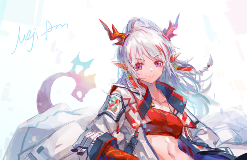 1girl arknights artist_name bandeau braid collarbone collared_jacket commentary_request dragon_girl dragon_horns dragon_tail earrings horns jacket jewelry long_hair looking_at_viewer midriff multicolored_hair navel nejikyuu nian_(arknights) open_clothes open_jacket pointy_ears ponytail red_shirt redhead shirt signature smile solo streaked_hair tail upper_body violet_eyes white_background white_hair white_jacket