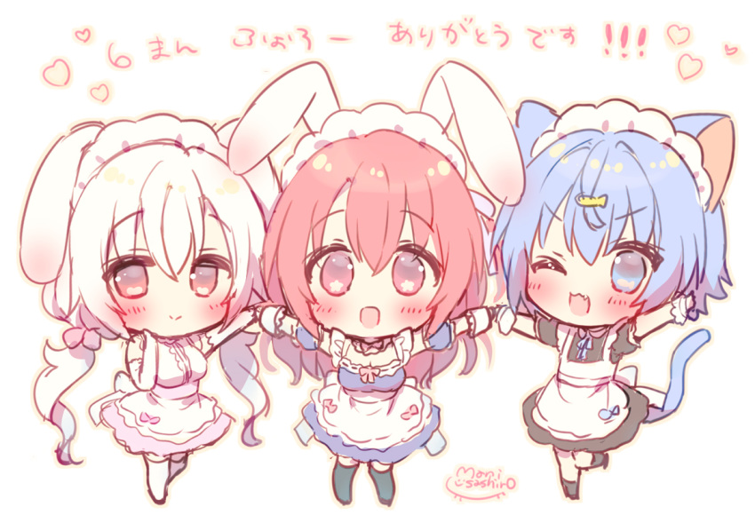 3girls :d ;d animal_ears bangs bare_shoulders black_dress black_legwear blue_dress blue_eyes blue_hair blush breasts cat_ears cat_girl cat_tail chibi commentary_request dress elbow_gloves eyebrows_visible_through_hair fang fish_hair_ornament gloves hair_between_eyes hair_ornament holding_hands long_hair low_twintails maid_headdress medium_breasts multiple_girls one_eye_closed onka open_mouth original puffy_short_sleeves puffy_sleeves rabbit_ears red_eyes redhead sakura_(usashiro_mani) shirt short_sleeves signature simple_background sleeveless sleeveless_dress sleeveless_shirt smile socks standing standing_on_one_leg star_(symbol) star_in_eye symbol_in_eye tail thigh-highs translation_request twintails usashiro_mani very_long_hair white_background white_gloves white_hair white_legwear white_shirt wrist_cuffs
