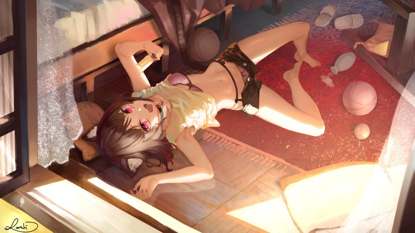 1girl animal_ear_fluff animal_ears arm_up armpits ball barefoot black_choker black_hair black_shorts bra breasts cat_ears cat_girl cat_tail choker commentary crop_top curtains day dripping fang flip-flops food garter_straps highres holding looking_at_viewer lying micro_shorts nail_polish navel on_back on_floor open_fly open_mouth original panties pink_bra pink_eyes pink_panties popsicle sandals saraki shirt shirt_lift short_hair shorts sleeveless sleeveless_shirt small_breasts solo stomach sunlight tail thighs tongue tongue_out underwear window yellow_shirt