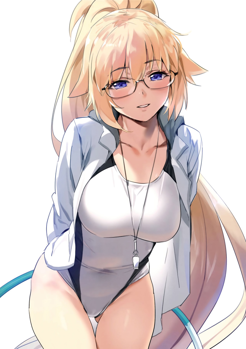 1girl absurdres arms_behind_back ass_visible_through_thighs bangs bespectacled blonde_hair blue_eyes blue_jacket breasts collarbone competition_swimsuit cowboy_shot eyebrows_visible_through_hair fate/grand_order fate_(series) glasses hair_between_eyes high_ponytail highres hoop hula_hoop jacket jeanne_d'arc_(fate) jeanne_d'arc_(fate)_(all) jeanne_d'arc_(swimsuit_archer) large_breasts leaning_forward long_hair long_sleeves looking_at_viewer one-piece_swimsuit open_clothes open_jacket parted_lips ponytail rimless_eyewear scan simple_background smile solo swimsuit thigh_gap track_jacket very_long_hair whistle whistle_around_neck white_background white_swimsuit yang-do