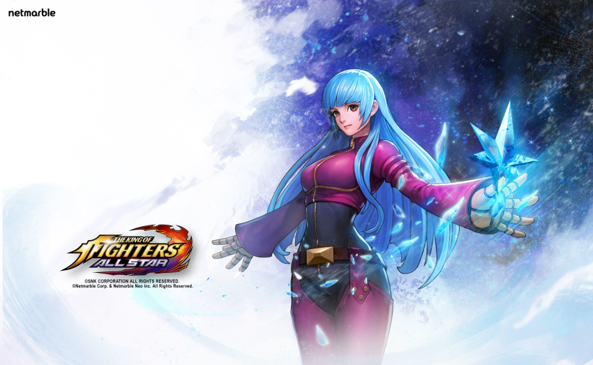 1girl artist_request bangs blue_hair bodysuit breasts chaps closed_mouth cropped_jacket cryokinesis floating floating_object gloves gradient gradient_background highres ice jacket kula_diamond lips logo long_hair long_sleeves looking_at_viewer medium_breasts official_art red_eyes shiny shiny_clothes shiny_skin simple_background skin_tight solo the_king_of_fighters the_king_of_fighters_all-stars zipper_pull_tab