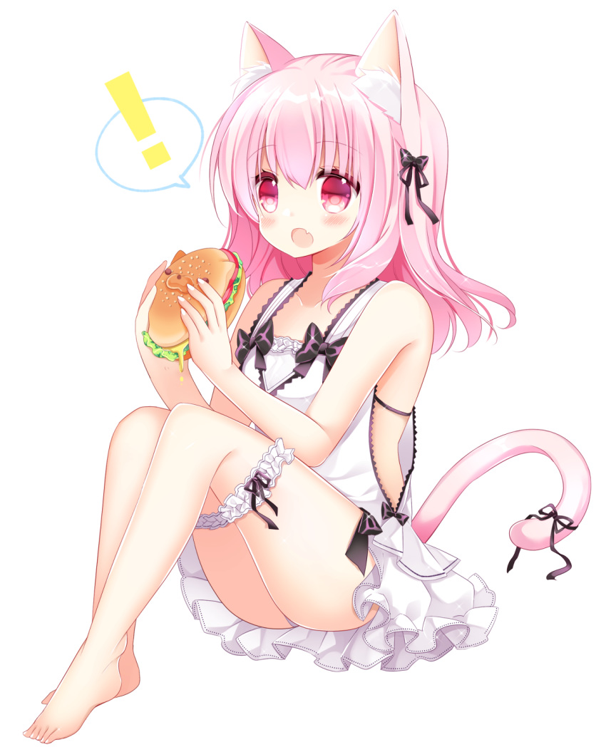 ! 1girl :o animal_ears bangs bare_arms bare_shoulders barefoot black_bow black_ribbon blush bow cat_ears cat_girl cat_tail commentary_request dress eyebrows_visible_through_hair fang food full_body hair_between_eyes hair_bow hair_ribbon hamburger highres holding holding_food long_hair looking_at_viewer open_mouth original pink_hair red_eyes ribbon shikito simple_background sleeveless sleeveless_dress solo spoken_exclamation_mark tail tail_ribbon white_background white_dress white_nails