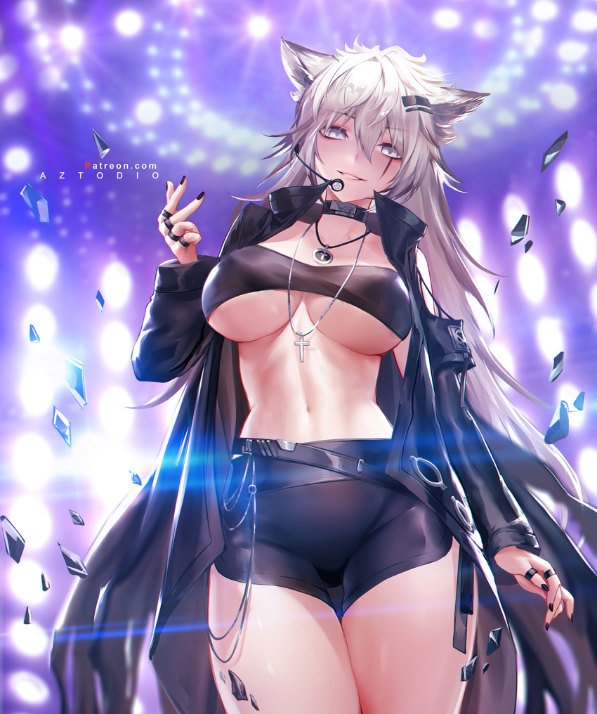 1girl animal_ears arknights azto_dio bandeau bangs belt black_jacket black_nails black_shorts breasts cowboy_shot cross cross_necklace eyebrows_visible_through_hair grey_eyes hair_between_eyes hand_up headset highres jacket jewelry lappland_(arknights) long_hair long_sleeves looking_at_viewer midriff navel necklace oripathy_lesion_(arknights) parted_lips scar scar_across_eye shorts sidelocks silver_hair smile solo stomach thighs wolf_ears