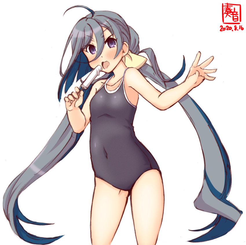 1girl ahoge artist_logo black_swimsuit commentary_request competition_school_swimsuit cowboy_shot dated flat_chest food grey_eyes grey_hair hair_between_eyes hair_bun highres kanon_(kurogane_knights) kantai_collection kiyoshimo_(kantai_collection) licking low_twintails popsicle school_swimsuit simple_background solo swimsuit twintails white_background