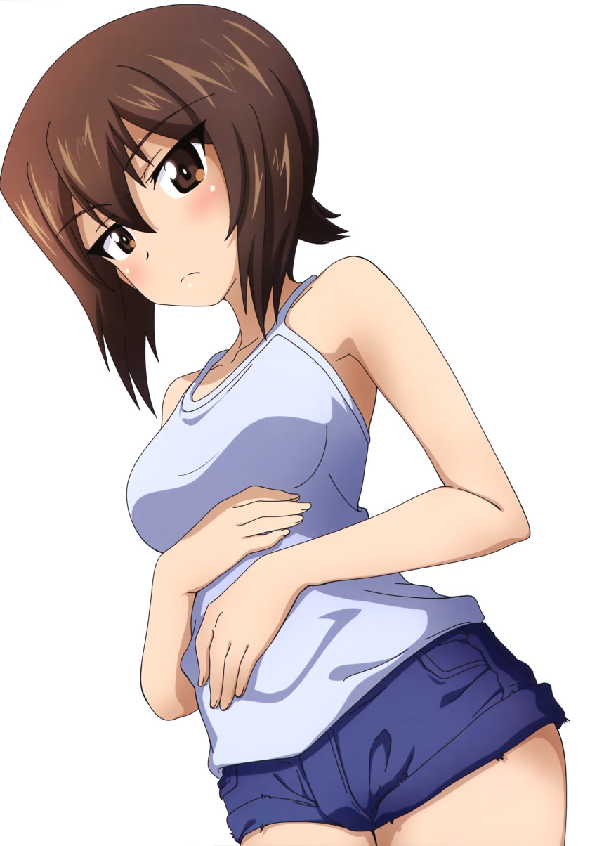 1girl absurdres bangs blue_shirt brown_eyes brown_hair camisole casual closed_mouth denim denim_shorts dutch_angle eyebrows_visible_through_hair frown girls_und_panzer hands_on_own_stomach highres kanau looking_at_viewer micro_shorts nishizumi_maho shirt short_hair shorts simple_background solo standing white_background