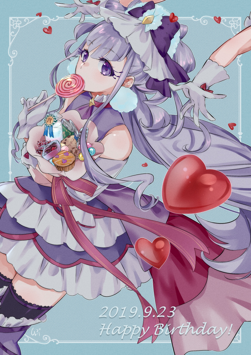 1girl 2019 bangs black_legwear blue_background boots bouquet bow cure_amour dated detached_sleeves dress eyebrows_visible_through_hair floating_hair flower frilled_boots frills gloves grey_gloves grey_sleeves hair_between_eyes hair_bow hair_ornament happy_birthday heart highres holding holding_bouquet hugtto!_precure layered_dress long_hair makeup mascara precure purple_bow purple_footwear purple_hair shipu_(gassyumaron) short_dress sleeveless sleeveless_dress solo_focus thigh-highs thigh_boots very_long_hair violet_eyes zettai_ryouiki