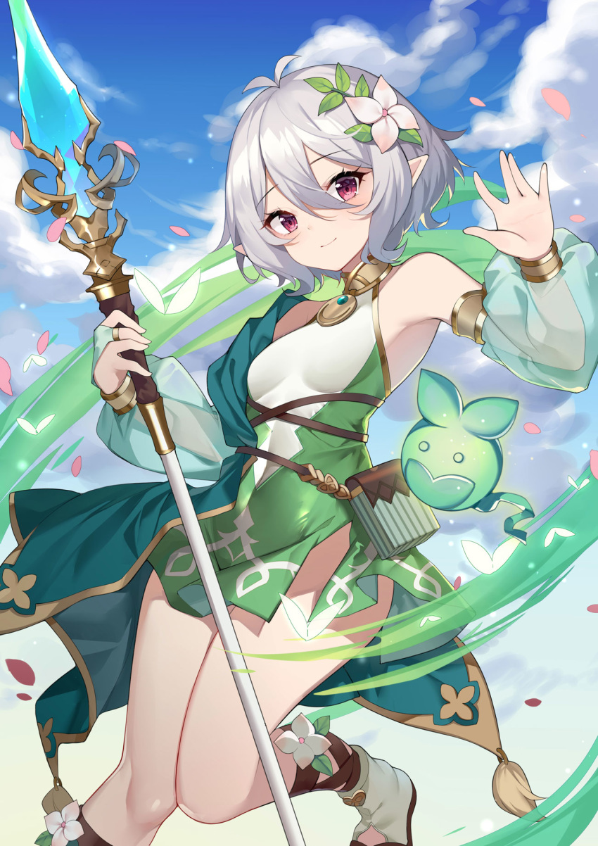 1girl armpits ass blue_sky blurry breasts closed_mouth cloud depth_of_field detached_sleeves dress elf eyebrows_visible_through_hair feet_out_of_frame flower hair_between_eyes hair_flower hair_ornament hand_up highres holding holding_polearm holding_spear holding_weapon kikistark kokkoro_(princess_connect!) long_sleeves looking_at_viewer neckwear petals pink_eyes pointy_ears polearm princess_connect! puffy_long_sleeves puffy_sleeves sandals see-through short_hair silver_hair sky small_breasts solo spear staff standing weapon white_flower white_hair