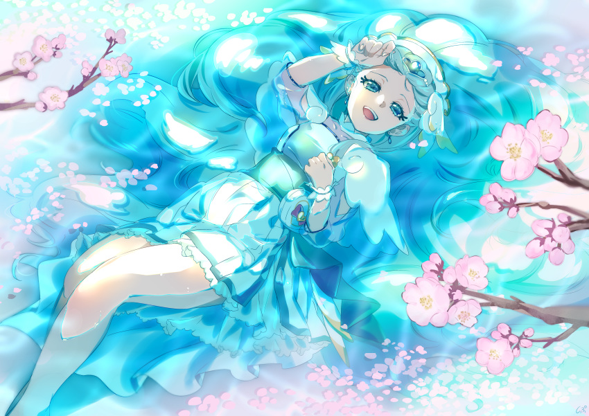 1girl :d absurdres blue_dress blue_eyes blue_hair choker collarbone cure_ange dress earrings flower from_behind highres hugtto!_precure jewelry long_hair lying makeup mascara on_back open_mouth pink_flower pleated_dress precure shiny shiny_hair shipu_(gassyumaron) smile solo very_long_hair water_surface white_choker wrist_cuffs