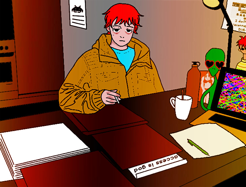 1boy absurdres alien anh_konge artbook highres huge_filesize incredibly_absurdres paper pen pixel_art redhead room screen_light table virus