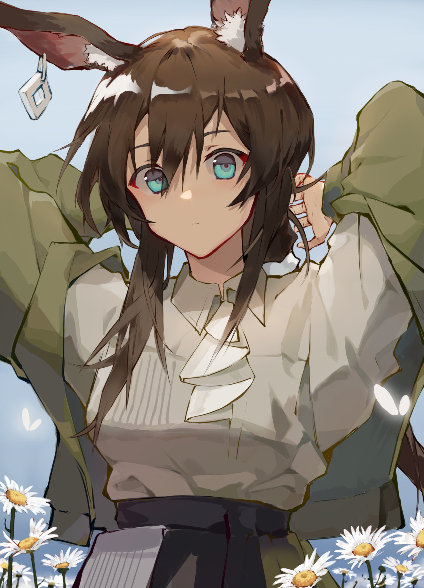 1girl absurdres amiya_(arknights) animal_ear_fluff animal_ears arknights arms_behind_head arms_up bangs black_skirt blue_background blue_eyes brown_hair closed_mouth collared_shirt commentary_request flower green_jacket grey_shirt hair_between_eyes high-waist_skirt highres jacket long_hair looking_at_viewer mingzishenmedoushifuyun34108 open_clothes open_jacket rabbit_ears shirt skirt solo very_long_hair white_flower