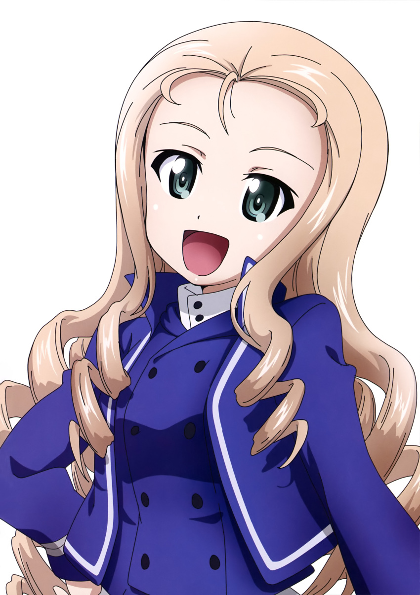 1girl absurdres aqua_eyes blonde_hair blush eyebrows girls_und_panzer hand_on_hip highres kanau long_hair long_sleeves looking_at_viewer marie_(girls_und_panzer) open_mouth ringlets simple_background smile solo uniform very_long_hair white_background