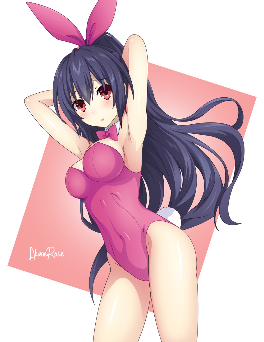 1girl absurdres akane_rose alternate_costume alternate_hairstyle animal_ears armpits arms_behind_head black_hair bow bowtie breasts bunny_tail bunnysuit choujigen_game_neptune cowboy_shot detached_collar highres leotard long_hair looking_at_viewer medium_breasts neptune_(series) noire pink_leotard pink_neckwear ponytail rabbit_ears red_eyes solo standing strapless strapless_leotard tail