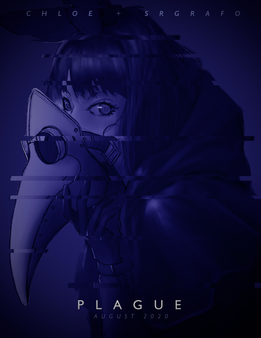 1girl absurdres bangs borrowed_character capelet chloe_(srgrafo) covered_mouth distortion english_text eyelashes fake_ad glitch gloves highres hood hood_down hooded_capelet looking_at_viewer monochrome movie_poster plague_doctor_mask reddit shidanesayo short_hair solo