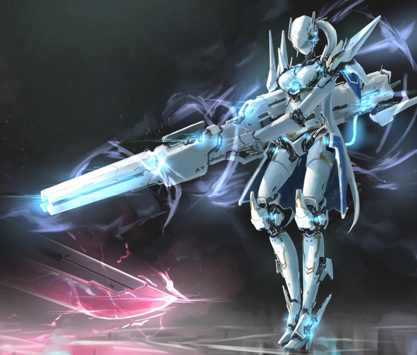breasts english_commentary gun highres holding holding_gun holding_weapon huge_weapon looking_down mecha no_eyes original solo standing sword takuan_(a_mood_home) weapon white_hair