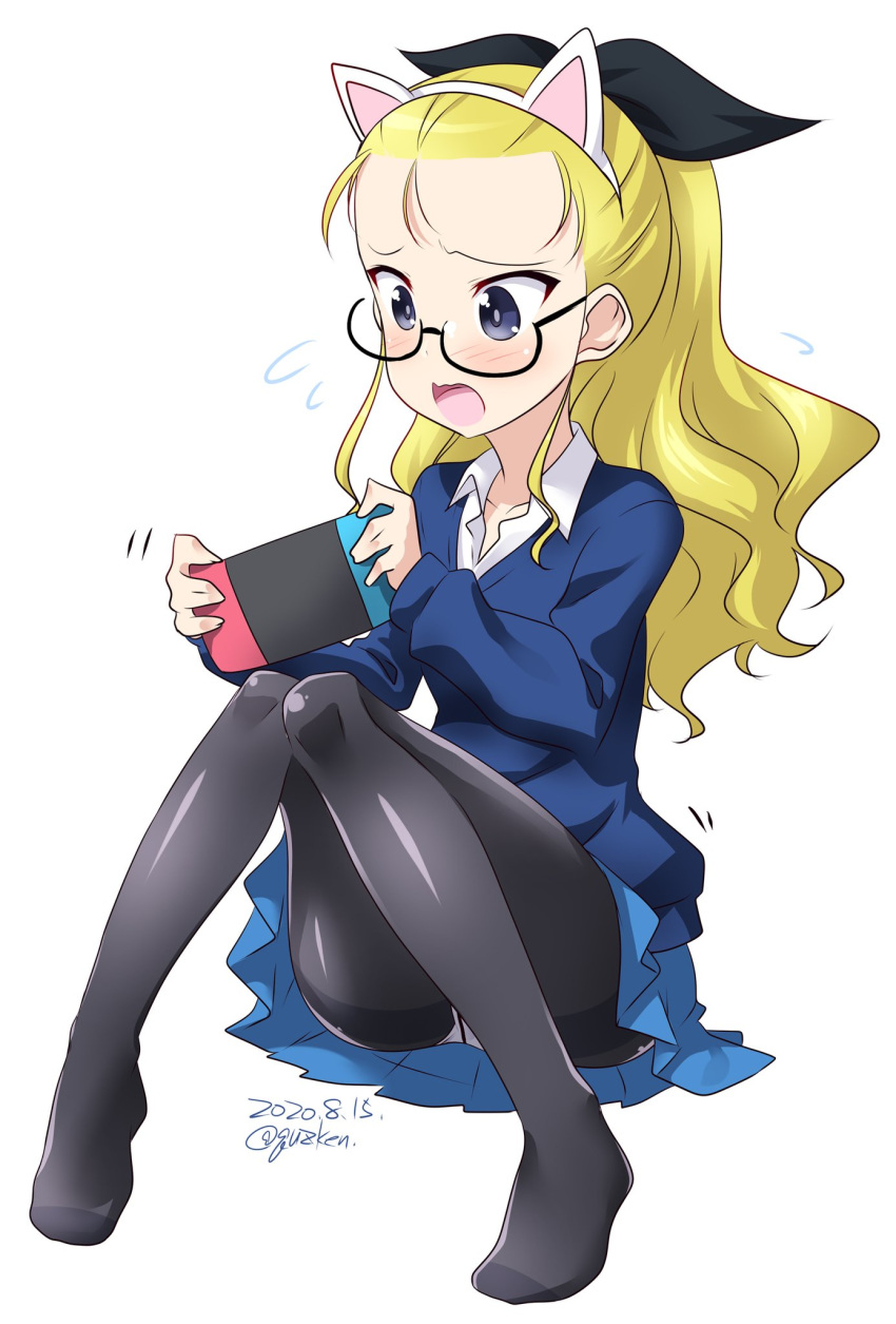 1girl animal_ears assam_(girls_und_panzer) bespectacled black-framed_eyewear black_legwear black_ribbon blonde_hair blue_eyes blue_skirt blue_sweater commentary controller dated dress_shirt fake_animal_ears flying_sweatdrops game_controller girls_und_panzer glasses hair_pulled_back hair_ribbon highres holding holding_controller holding_game_controller kuzuryuu_kennosuke long_hair long_sleeves miniskirt motion_blur nintendo_switch no_neckwear open_mouth panties panties_under_pantyhose pantyhose pantyshot playing_games pleated_skirt ribbon school_uniform shirt simple_background sitting skirt solo st._gloriana's_school_uniform sweater twitter_username underwear v-neck white_background white_shirt wing_collar