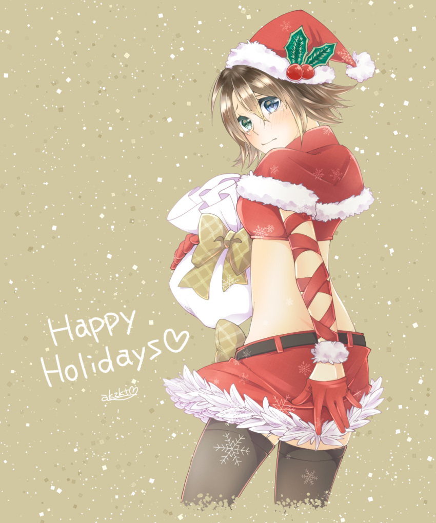 1girl akzk_kh alternate_costume belt blue_eyes breasts brown_hair christmas closed_mouth final_fantasy final_fantasy_x final_fantasy_x-2 green_eyes happy_holidays hat heart heterochromia highres looking_at_viewer santa_hat short_hair simple_background skirt solo thigh-highs yuna_(ff10)