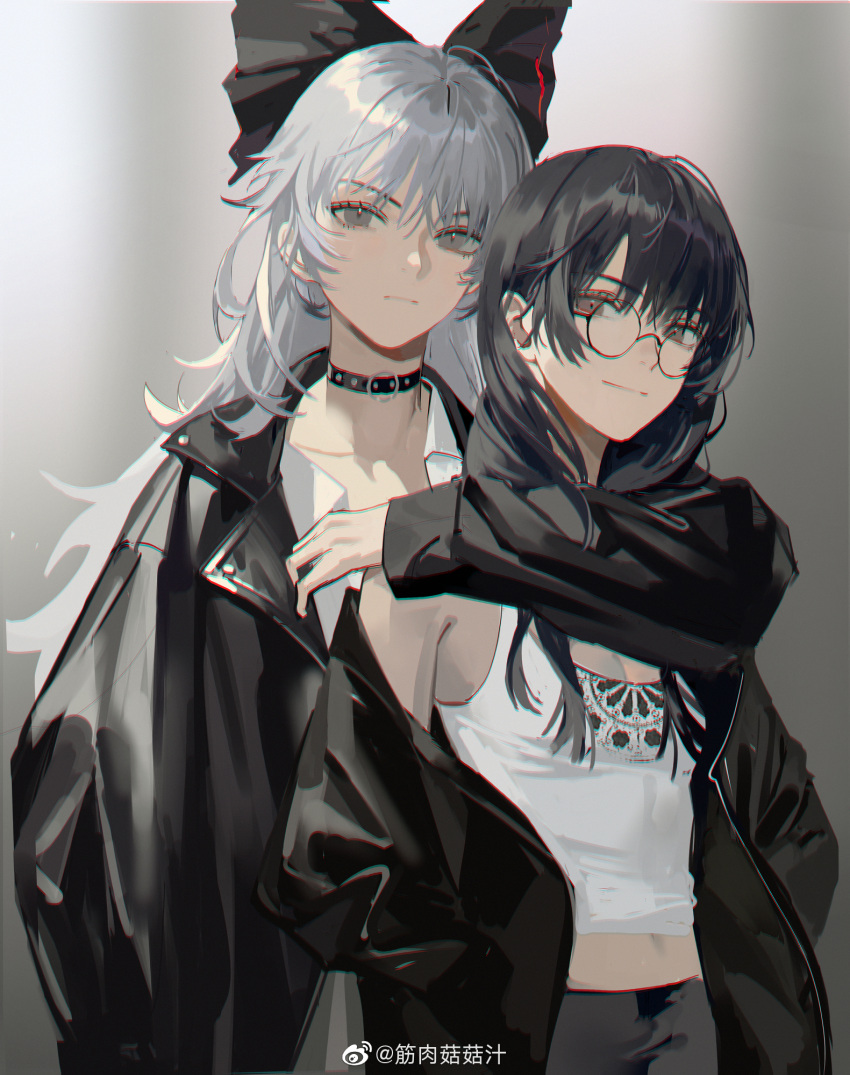 2girls alternate_costume arm_around_neck bespectacled black_bow black_choker black_hair black_jacket black_pants bow brown_eyes casual choker closed_mouth collarbone contemporary fujiwara_no_mokou glasses gradient gradient_background grey_background grey_eyes grey_hair hair_between_eyes hair_bow highres houraisan_kaguya jacket jinrouguguzhi light_smile long_hair looking_at_viewer multiple_girls off_shoulder open_clothes open_jacket pants round_eyewear simple_background tank_top third-party_source touhou upper_body v-shaped_eyebrows very_long_hair weibo_logo weibo_username white_tank_top
