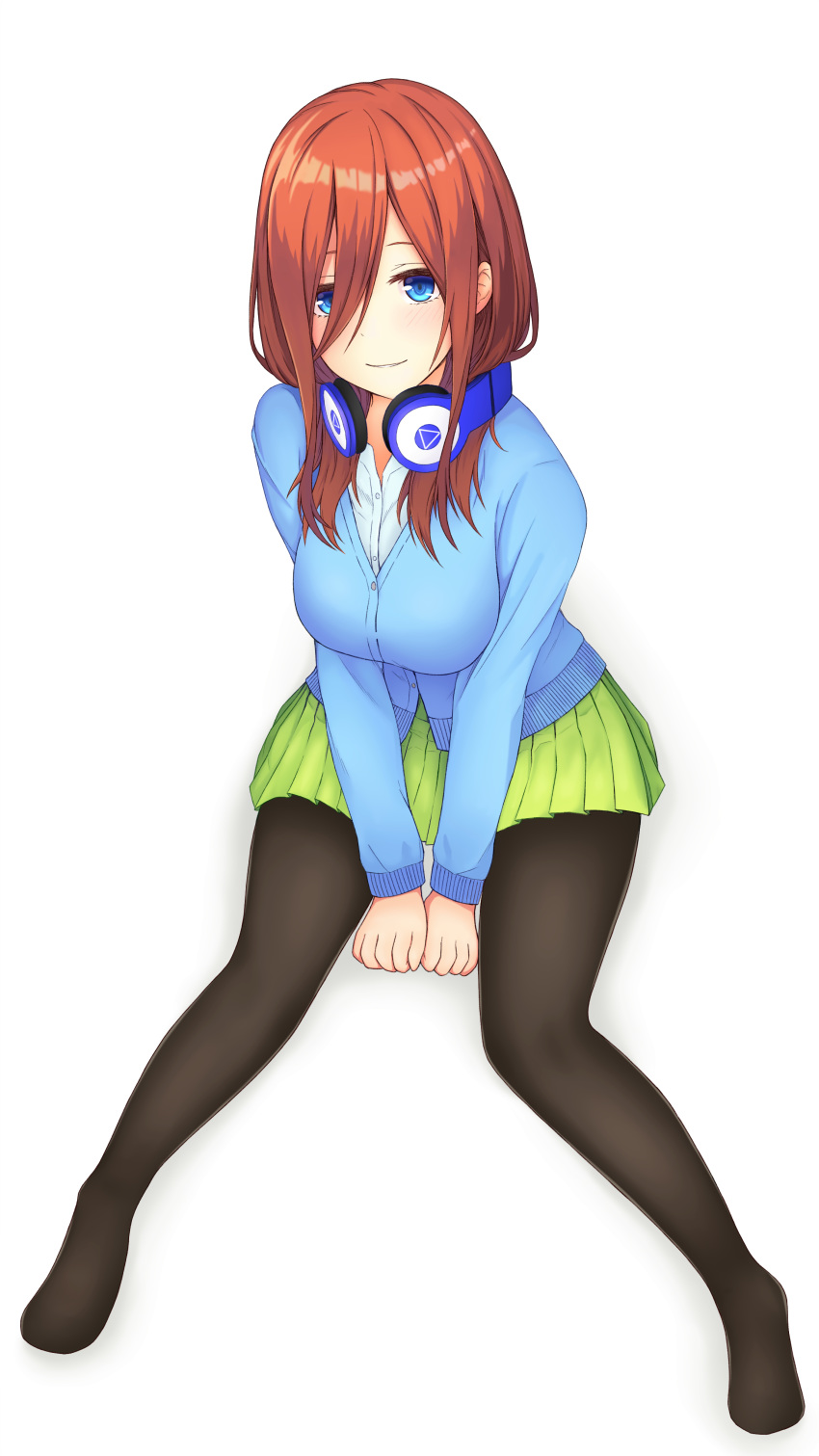 1girl absurdres bangs between_legs black_legwear blue_cardigan blue_eyes breasts cardigan closed_mouth feet full_body go-toubun_no_hanayome goldred green_skirt hair_between_eyes hand_between_legs headphones headphones_around_neck highres large_breasts legs_apart long_hair long_sleeves looking_at_viewer looking_up nakano_miku no_shoes pantyhose pleated_skirt school_uniform simple_background sitting skirt smile solo white_background