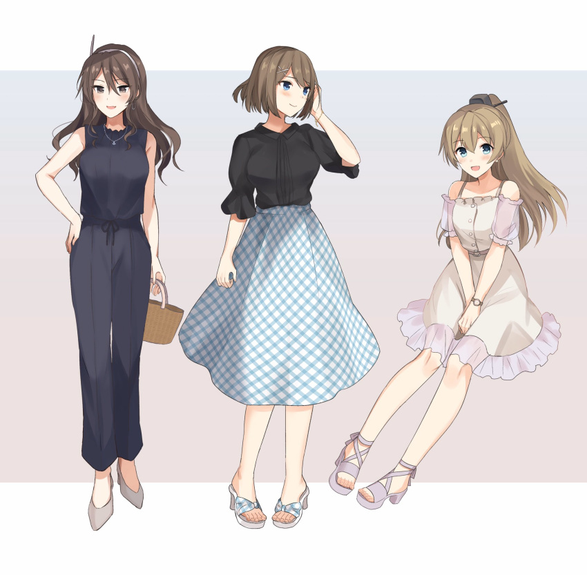 3girls alternate_costume ashigara_(kantai_collection) black_blouse black_pants black_sweater blouse blue_eyes brown_eyes brown_hair casual commentary_request dress frilled_dress frills full_body gingham_skirt green_eyes hair_ornament hairband hairclip hand_on_hip highres kantai_collection kumano_(kantai_collection) long_hair looking_at_viewer maya_(kantai_collection) multiple_girls open_toe_shoes pants ponytail senbei_(senbe_i) short_hair sleeveless_blouse sweater wavy_hair white_dress white_hairband x_hair_ornament