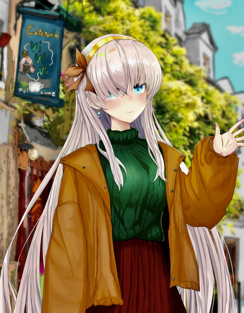 1girl absurdres anastasia_(fate/grand_order) blue_eyes blush brown_coat city coat commentary_request earrings fate_(series) gahara gold_hairband green_sweater hair_between_eyes hair_over_one_eye highres jewelry light_smile long_hair red_skirt ribbed_sweater sign silver_hair skirt solo sweater tree very_long_hair waving