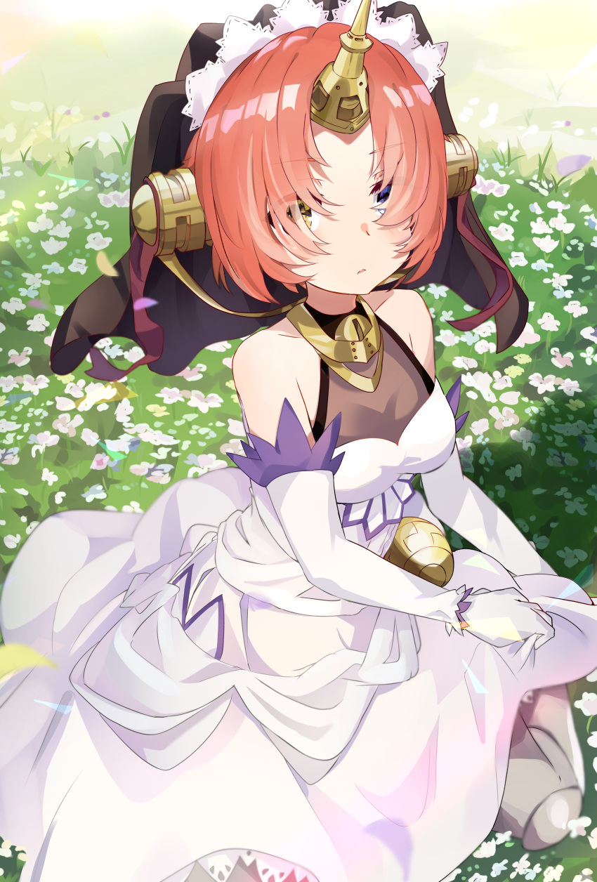 1girl absurdres bare_shoulders blue_eyes breasts dress elbow_gloves fate/apocrypha fate/grand_order fate_(series) field flower flower_field frankenstein's_monster_(fate) gloves hair_over_eyes hair_over_one_eye headgear heterochromia highres horns looking_at_viewer looking_up medium_breasts pink_hair same_(sendai623) short_hair single_horn sitting sleeveless sleeveless_dress solo veil wedding_dress white_dress white_gloves yellow_eyes