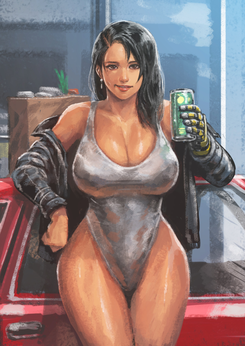 1girl absurdres breasts can car cirenk dark-skinned_female dark_skin drink feet_out_of_frame ground_vehicle highres holding holding_can huge_breasts jacket jacket_on_shoulders leaning_on_object leotard looking_at_viewer motor_vehicle original prosthesis prosthetic_arm solo thick_thighs thighs white_leotard