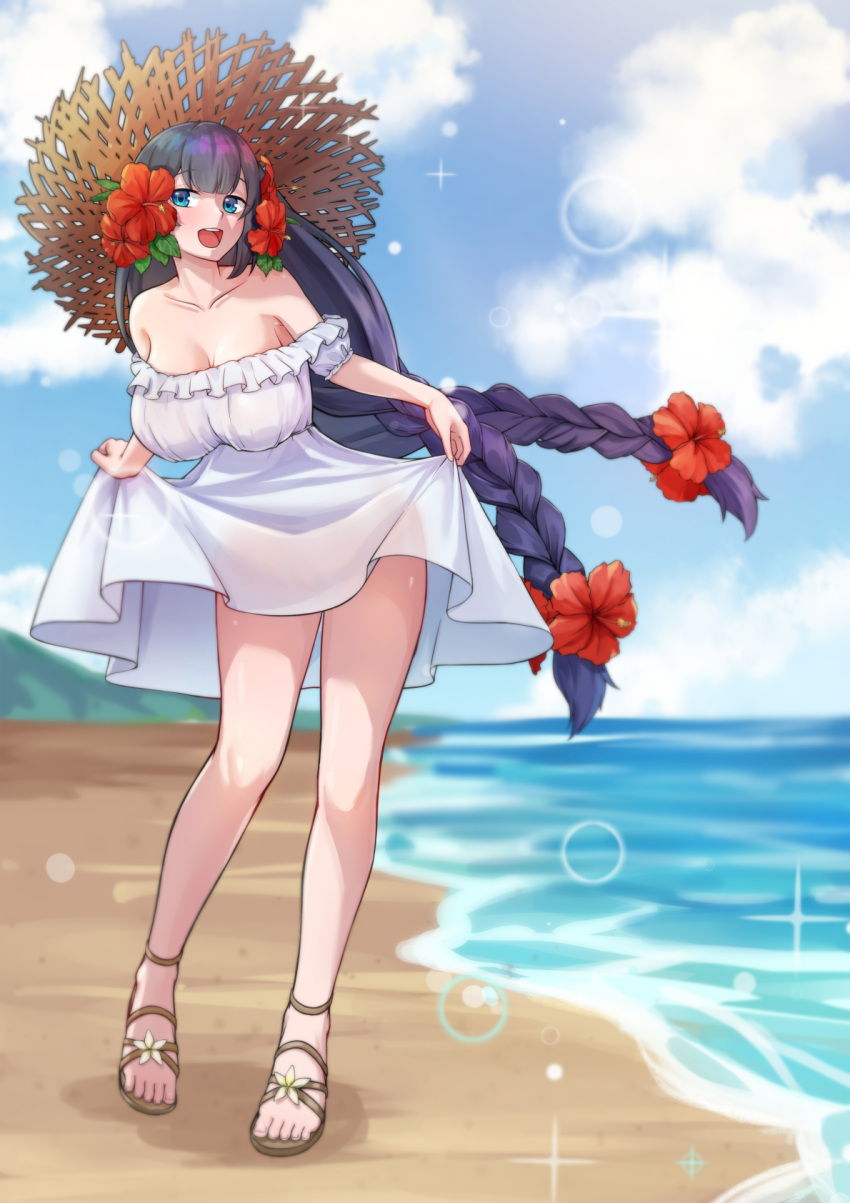1girl bangs bare_shoulders beach blue_eyes blue_hair blush braid breasts clouds day dress eleszaykr eyebrows_visible_through_hair flower full_body hair_flower hair_ornament hat highres large_breasts last_origin long_hair looking_at_viewer low-tied_long_hair low_twin_braids oberonia_rhea open_mouth outdoors sandals skirt_hold smile solo sun_hat sundress twin_braids very_long_hair white_dress
