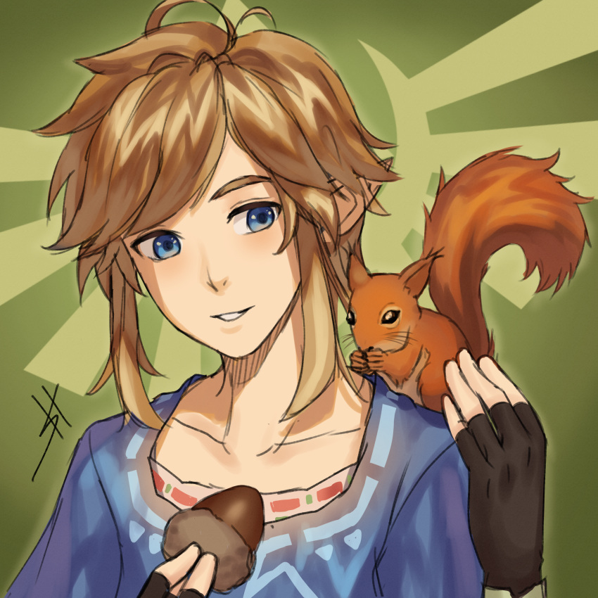 1boy absurdres adamosina animal bangs blonde_hair blue_eyes doodle earrings elf food gloves highres jewelry link long_hair nut_(food) open_mouth pointy_ears sketch smile solo squirrel the_legend_of_zelda the_legend_of_zelda:_breath_of_the_wild