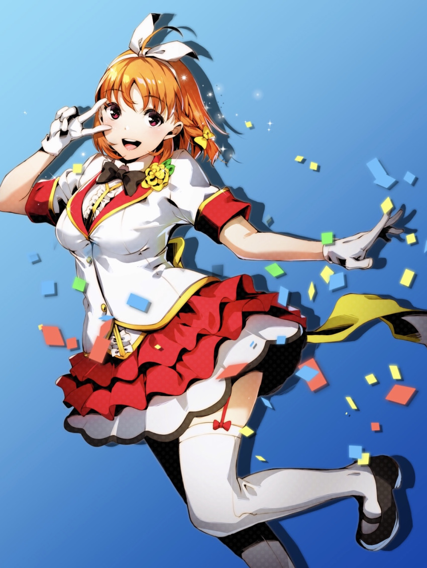 1girl :d bangs black_neckwear blue_background bow braid eyebrows_visible_through_hair garter_straps gloves hair_bow hairband highres idol jacket layered_skirt leg_up looking_at_viewer love_live! love_live!_sunshine!! miniskirt mirai_ticket nakano_maru open_mouth orange_hair red_eyes red_skirt shiny shiny_hair short_hair short_sleeves single_braid skirt smile solo takami_chika thigh-highs two-tone_skirt v white_bow white_gloves white_hairband white_jacket white_legwear white_skirt yellow_bow zettai_ryouiki