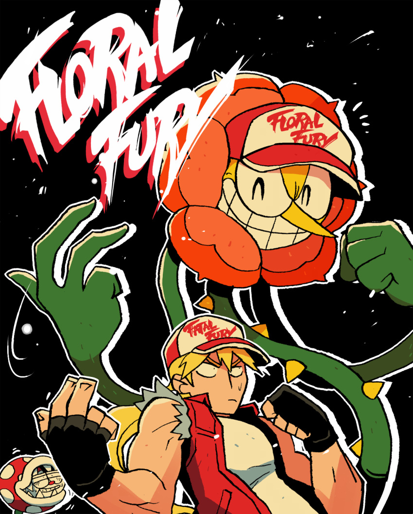 ^_^ black_background black_gloves blonde_hair cagney_carnation clenched_hand closed_eyes copyright_name cuphead cuphead_(game) fatal_fury fatal_fury_cap fingerless_gloves flower gloves grin hat highres male_focus super_mario_bros. piranha_plant pun rariatto_(ganguri) red_vest shirt simple_background sleeveless smile super_smash_bros. sweat teeth terry_bogard the_king_of_fighters vest