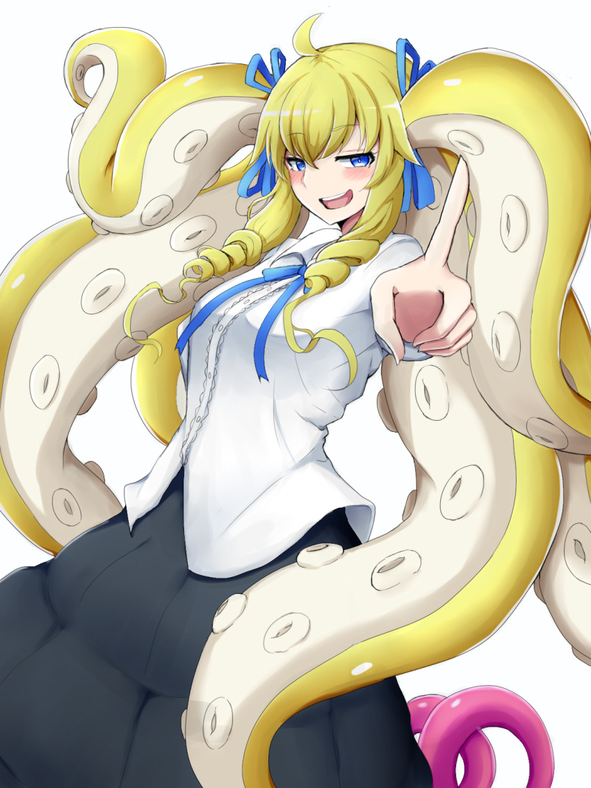 1girl blonde_hair blue_eyes blue_ribbon blush breasts commentary_request drill_hair emily_(mon-musu_quest!) eyebrows_visible_through_hair hair_ribbon highres long_hair long_skirt long_sleeves looking_at_viewer medium_breasts mon-musu_quest! monster_girl neck_ribbon open_mouth pointing pointing_at_viewer raichi_(ddq0246) ribbon scylla simple_background skirt smile smirk solo tentacle_hair tentacles very_long_hair white_background
