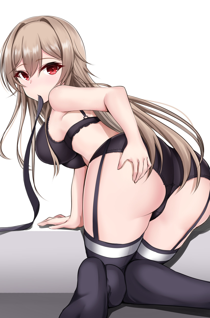 1girl absurdres ass bangs bare_arms bare_shoulders bent_over black_bra black_legwear blush bra breasts brown_hair commentary_request from_behind furen_e_lustario garter_straps hand_on_own_ass highres kirikan kneeling large_breasts lingerie long_hair looking_at_viewer mouth_hold nijisanji no_shoes red_eyes ribbon small_hands solo thigh-highs underwear very_long_hair virtual_youtuber