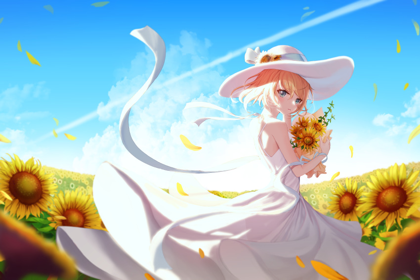1girl absurdres bangs bare_arms bare_shoulders blonde_hair blue_ribbon blue_sky bouquet clouds cloudy_sky commentary_request criss-cross_halter day dress field flower flower_field from_side green_eyes hair_flower hair_ornament halterneck highres holding holding_bouquet long_dress looking_at_viewer looking_to_the_side open_mouth original outdoors pani_(wpgns9536) parted_lips ribbon short_hair sky sleeveless sleeveless_dress solo summer sundress sunflower white_dress white_headwear yellow_flower