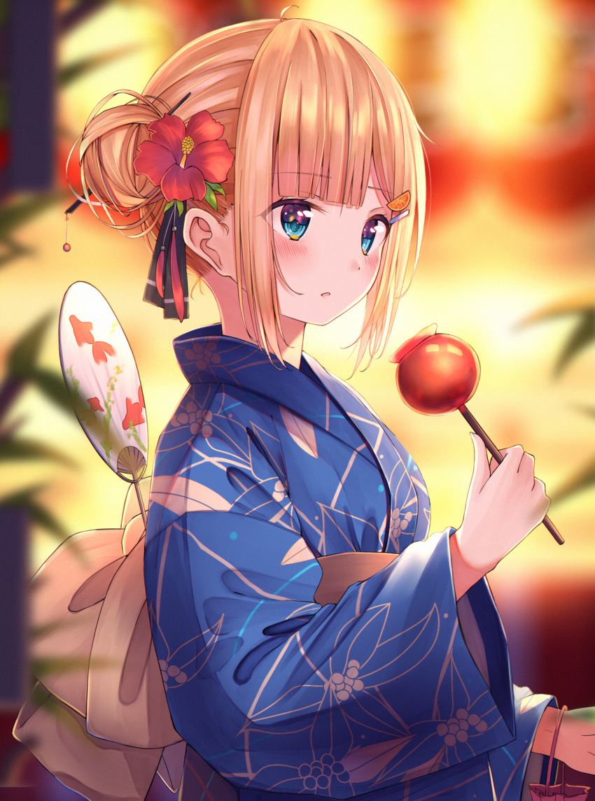 1girl bangs blonde_hair blue_eyes blue_kimono blunt_bangs blurry blurry_background blurry_foreground blush bow brown_bow candy_apple commentary_request depth_of_field eyebrows_visible_through_hair fan flower food food_themed_hair_ornament hair_bun hair_flower hair_ornament hairclip hand_up highres holding holding_food japanese_clothes kimono long_sleeves looking_away n2_(yf33) obi orange_hair_ornament original paper_fan parted_lips red_flower sash sidelocks solo summer_festival uchiwa upper_body wide_sleeves yukata