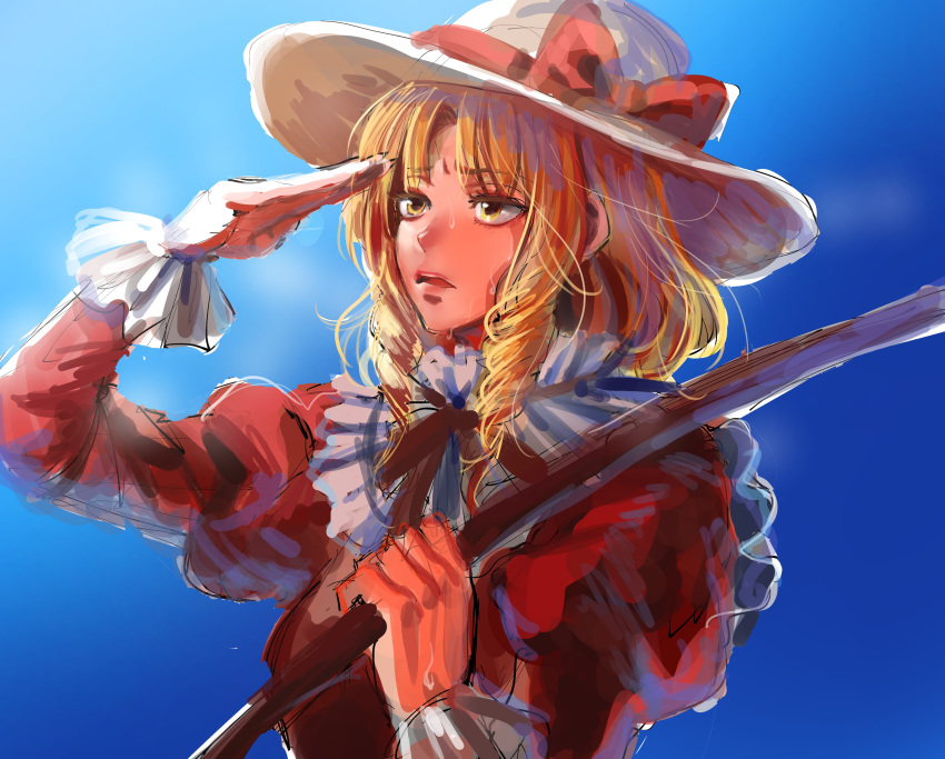 1girl absurdres arm_up bangs blonde_hair blue_background bow collar collared_dress commentary_request dress drill_hair elly fingernails frilled_collar frilled_sleeves frills half-closed_eyes hand_up hat hat_bow highres holding juliet_sleeves kuya_(hey36253625) lips long_fingernails long_sleeves neck_ribbon outstretched_hand over_shoulder parted_bangs parted_lips puffy_sleeves red_bow red_dress red_neckwear red_ribbon ribbon salute short_hair sidelocks solo straight-arm_salute sweat touhou touhou_(pc-98) upper_body yellow_eyes